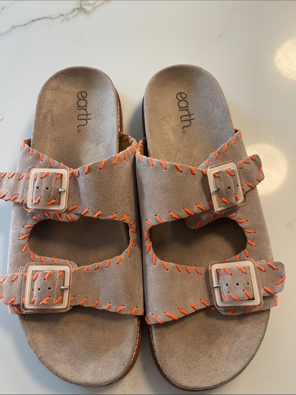 Earth Taupe Suede Slide Sandals with Orange Stitching